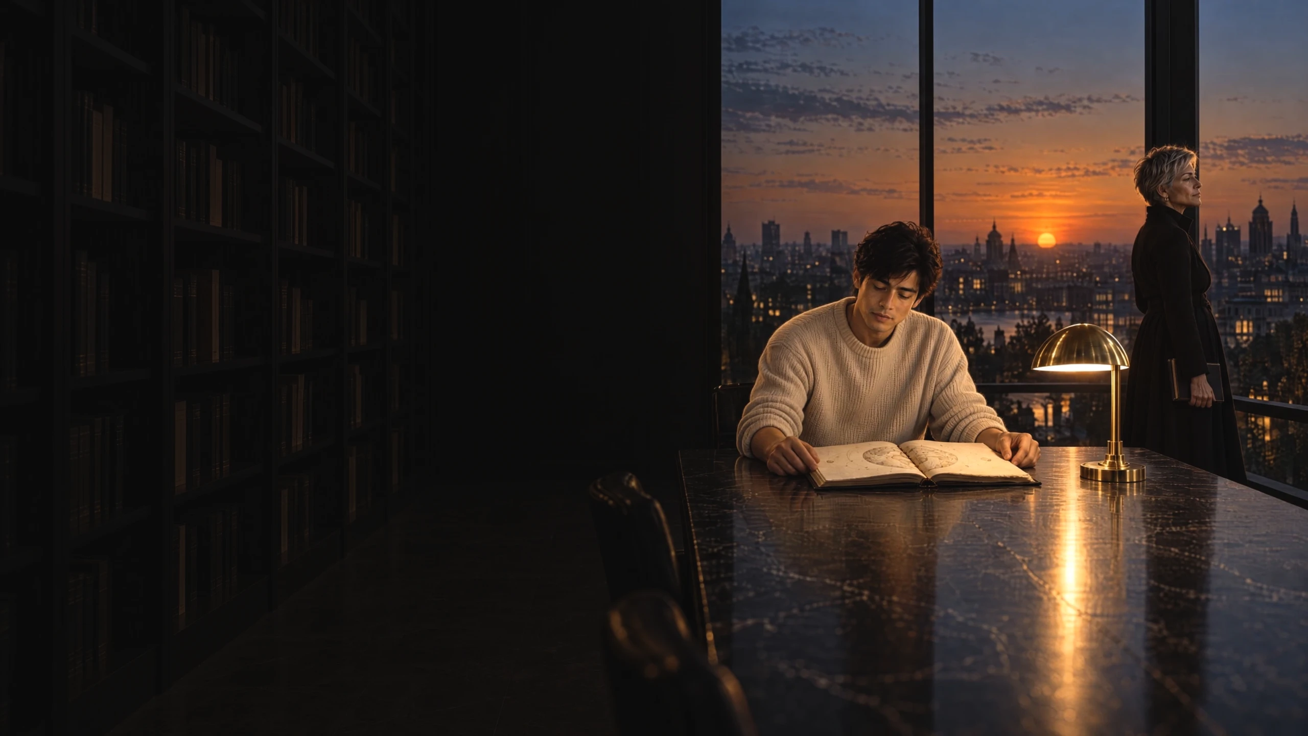 Dos personas en una biblioteca oscura al atardecer; un hombre lee un libro negro de costura dorada bajo la luz de una lámpara, mientras una mujer contempla la ciudad desde la ventana.
