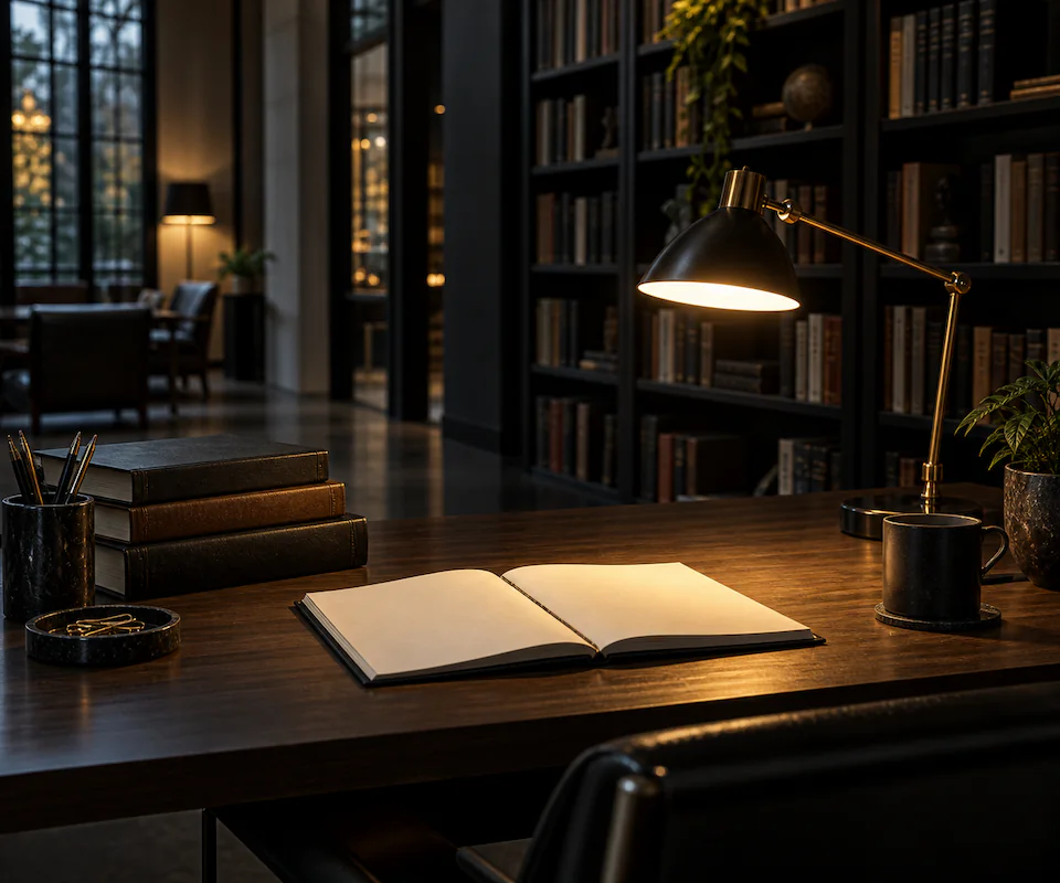 Biblioteca à noite, com uma luminária acesa sobre uma mesa de madeira, um livro aberto e estantes de livros ao fundo.