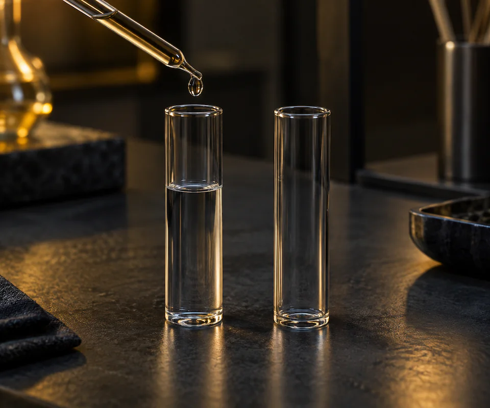 Conta-gotas sobre dois cilindros de vidro com líquido transparente em níveis diferentes.