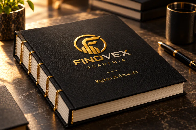 Libro de tapa negra con el logotipo de FINOVEX Academia y el título «Registro de formación», con el lomo cosido con hilo dorado.