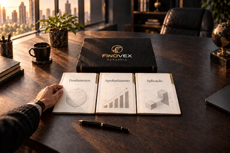 Uma mão organiza três módulos de estudo numa sequência sobre a mesa.