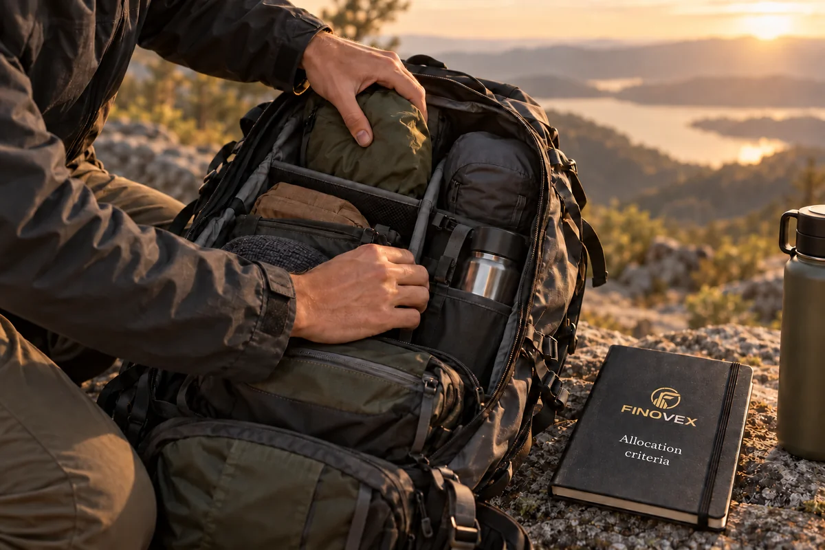 A person adjusting the load of a backpack before setting off, as a metaphor for sizing exposure.