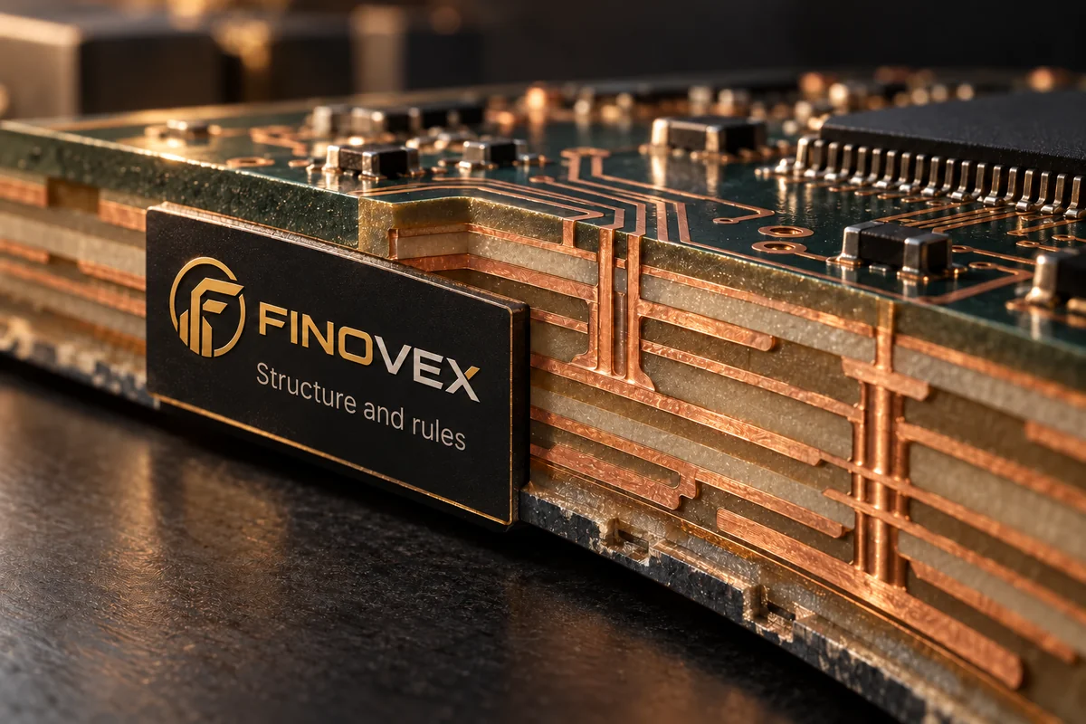 A close-up of the copper and resin layers of an electronic board, as a metaphor for examining rules and structure.