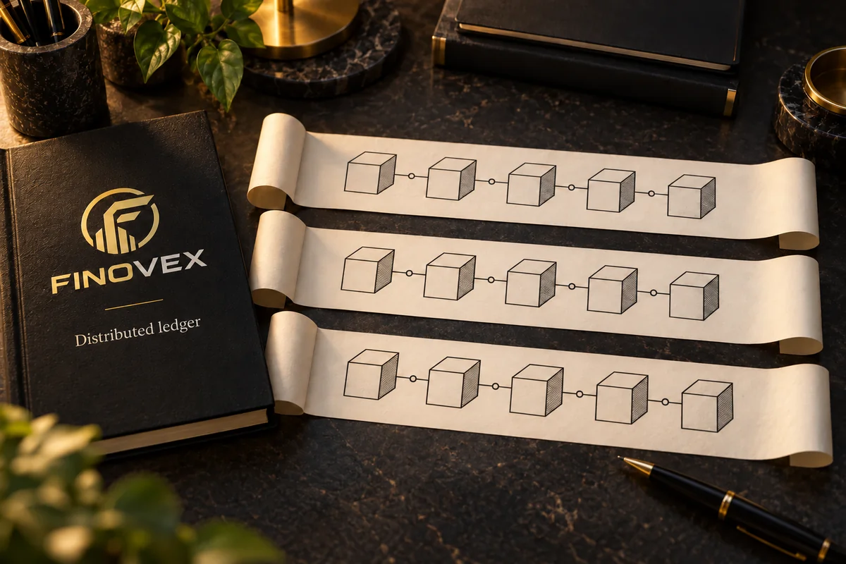 Three identical sequences of blocks printed on paper, as a metaphor for a distributed, ordered record.