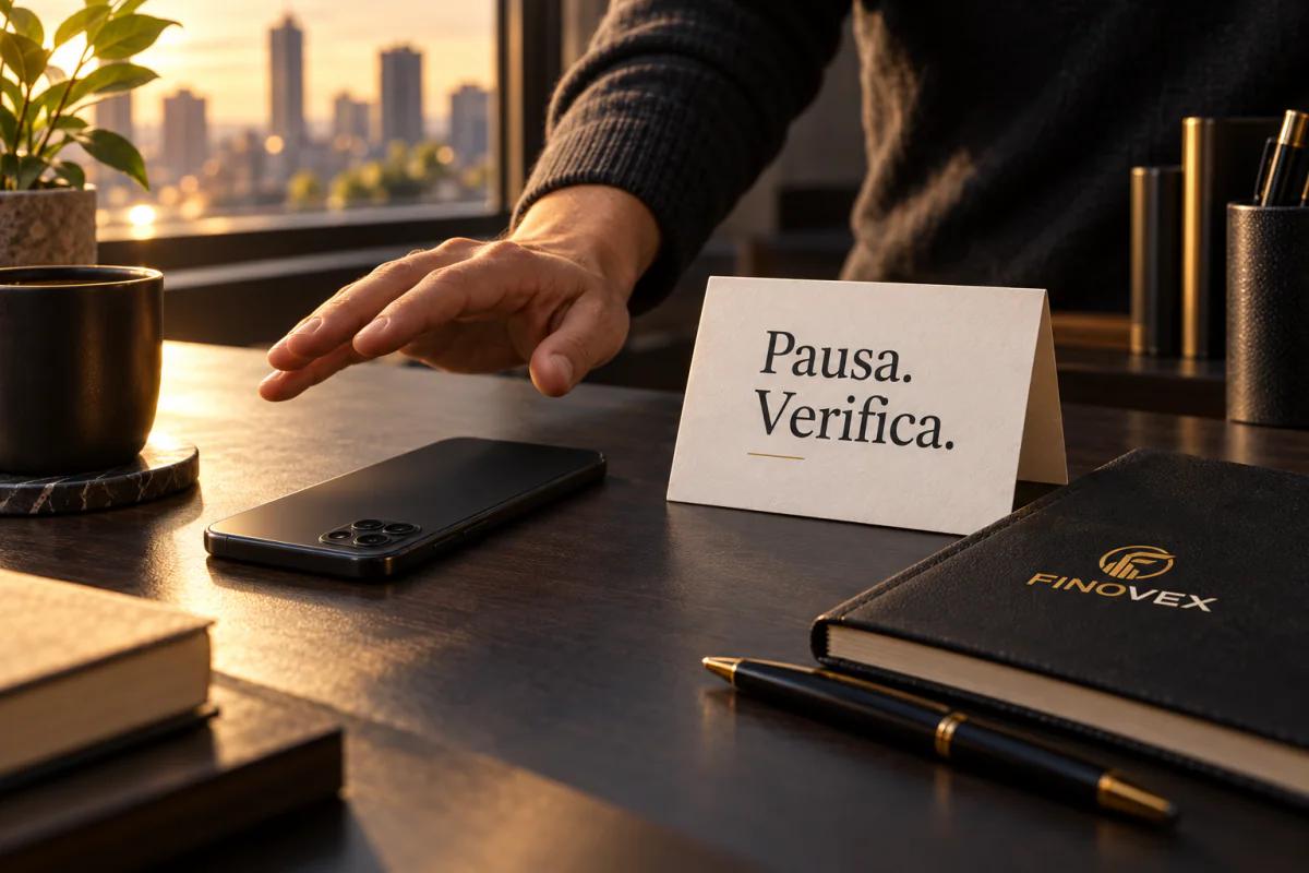 Una persona deja de usar el teléfono y lo deja sobre la mesa, como metáfora de detener un contacto sospechoso.