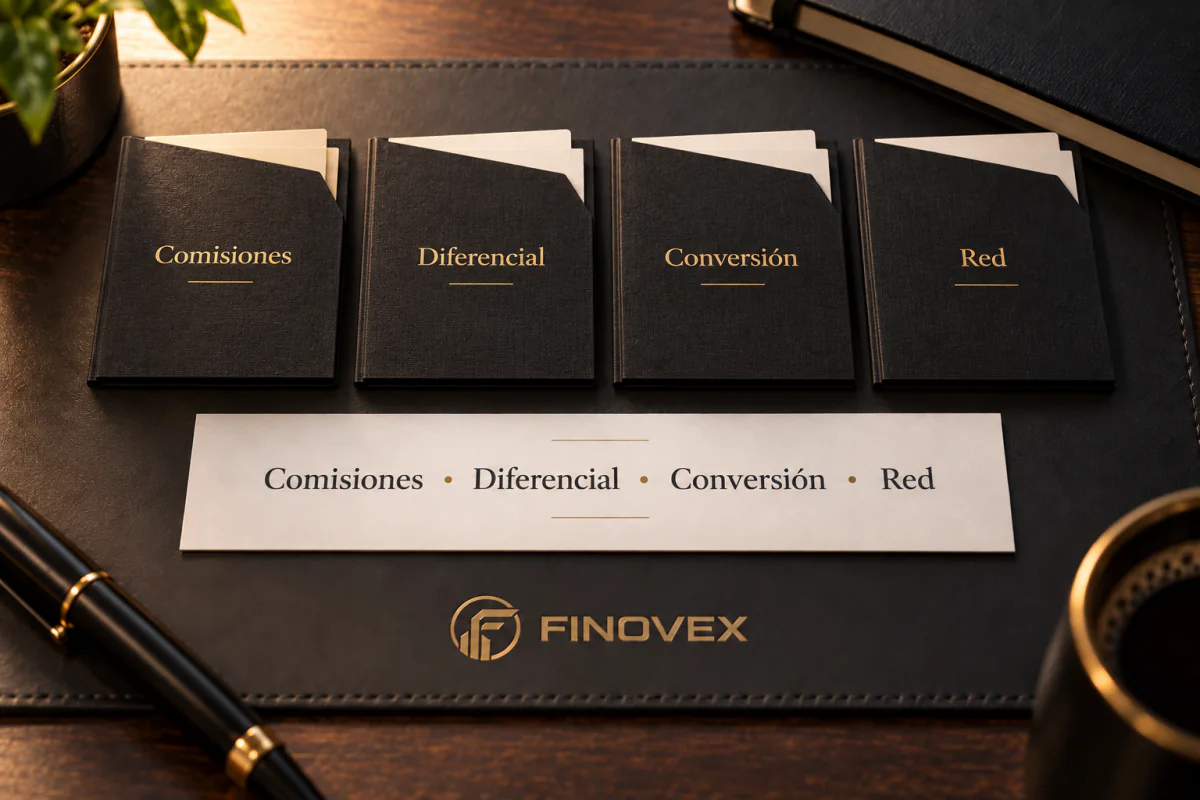 Cuatro carpetas identifican comisión, diferencial, conversión y red como componentes del coste de una operación.